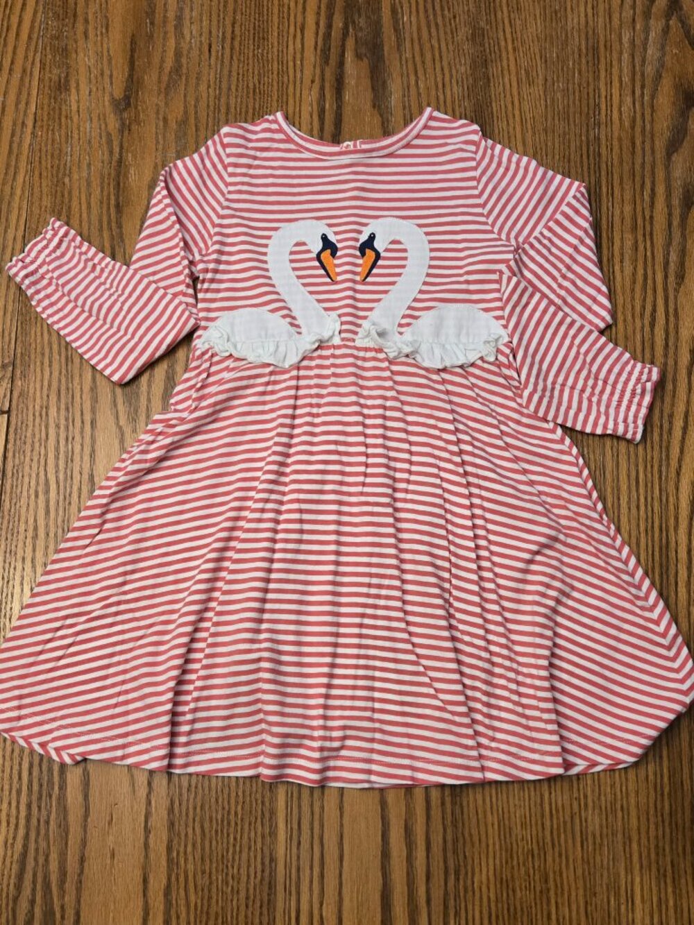 Mini Boden Swan Dress - Size 7-8 - Pink striped with ruffled neckline - Girls.